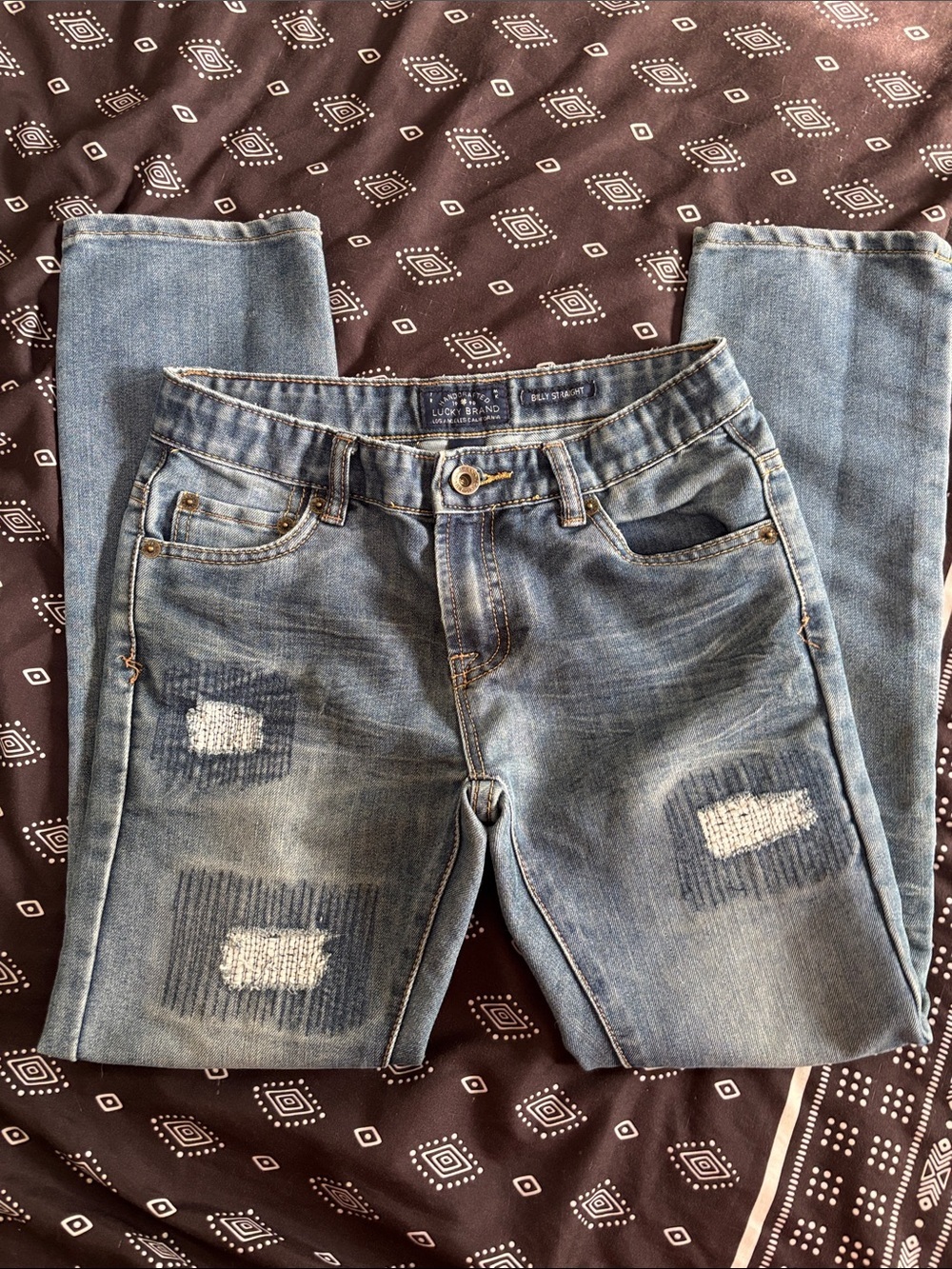 Lucky Brand Girls Billy Straight Distressed Patchwork Jeans 12 Adjustable Waist